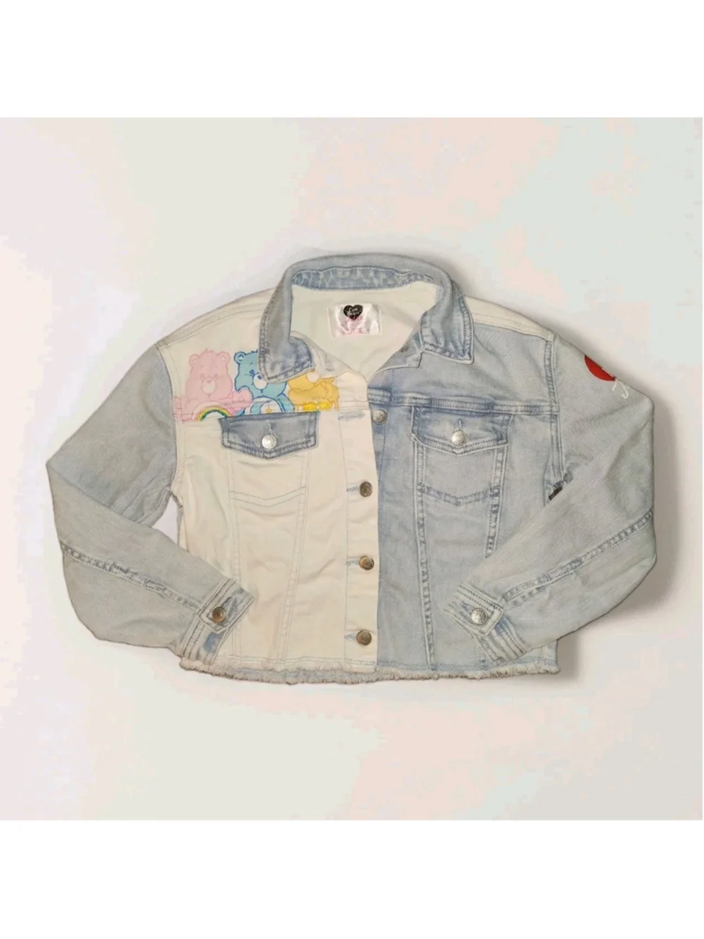 Care Bears Justice Denim Jacket Youth Size M 10 Split Color White Blue Patchwork